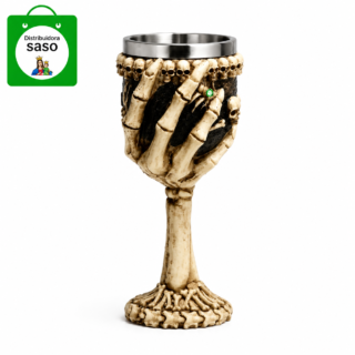 copa de vino metalica con diseño de calavera  y mano de esqueleto