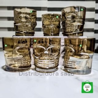 juego x 6 vasos whiskeros de cristal color dorado de calavera