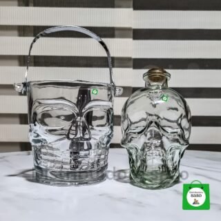 licorera de calavera de 750ml transparente mas hielera de calavera