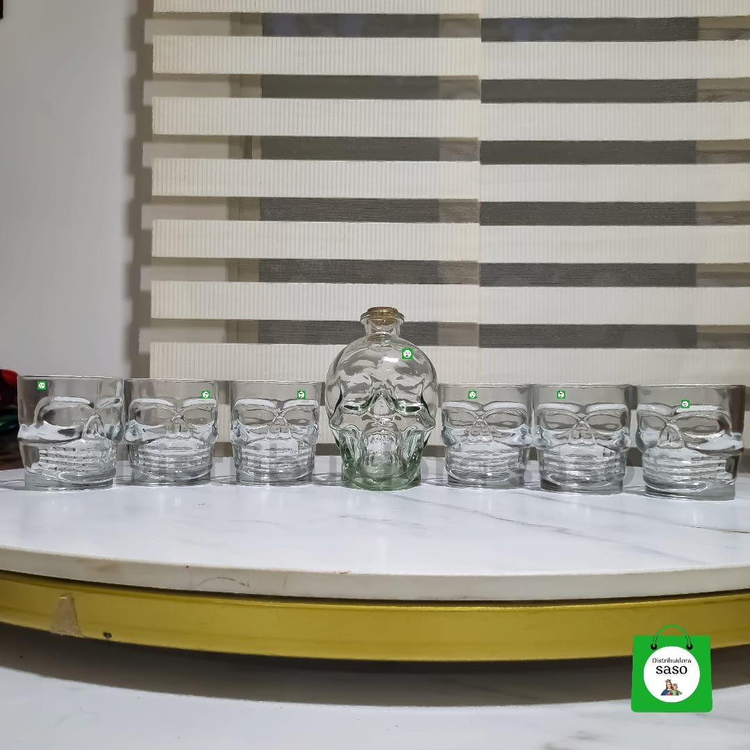 💀 Set Licorera Calavera 750ml + 6 Vasos Whiskeros Transparentes ✨ Kit Gothic 7en1 | Whisky y Licor | Fiestas y Regalo 🖤🥂✨