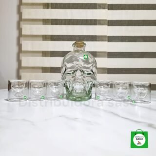 licorera de 750ml de calavera color transparente mas 6 copas 3d lujo calavera