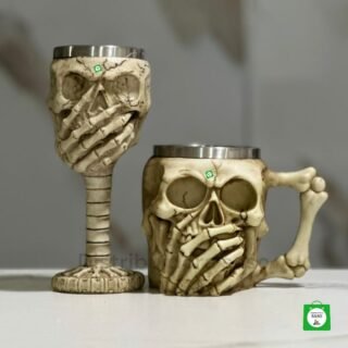 combo de calavera 1 vaso cervecero metalico de calavera mas 1 copa de vino de calavera