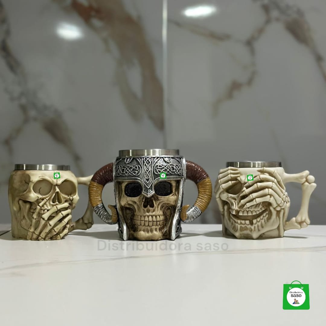 combo de 2 vasos cervceros metalicos con diseño de calavera-vasos de la prudencia mas jarra en forma de calavera