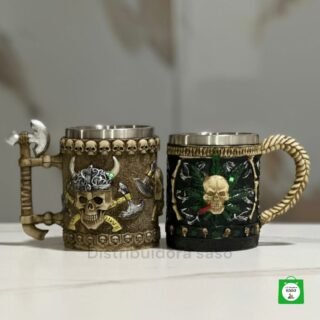 combo de vasos metalicos de calavera con diseño  vikingo y diseño exotico