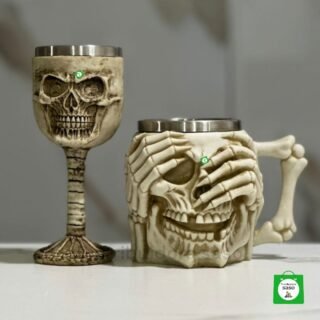 combo de calavera 1 vaso cervecero metalico de calavera mas 1 copa de vino de calavera