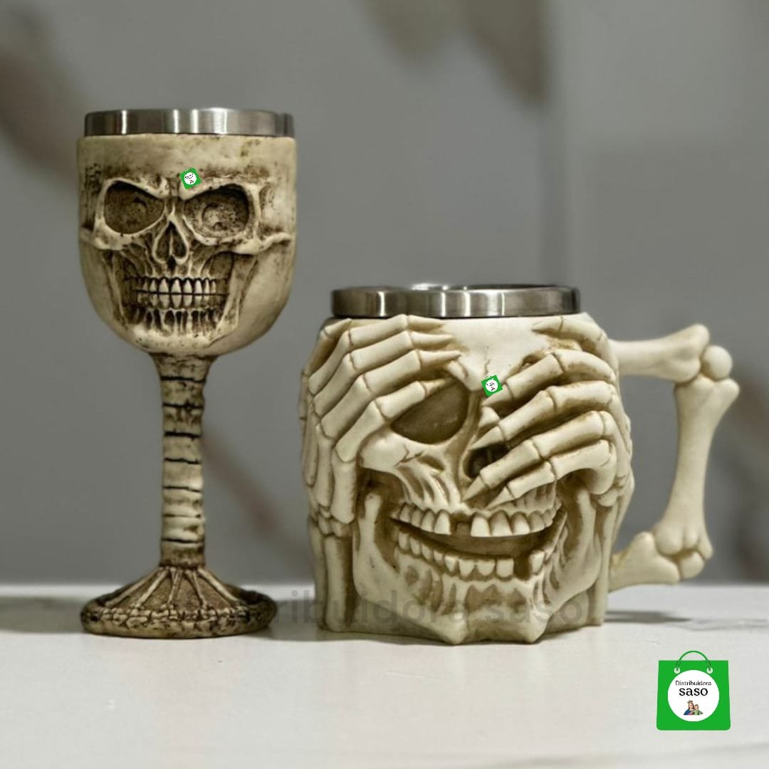 💀 Combo Calavera 2 en 1 ✨ Vaso Cervecero + Copa de Vino Metálicos Gothic | Kit Ideal para Fiestas, Bares y Regalo Único 🖤🍺🍷