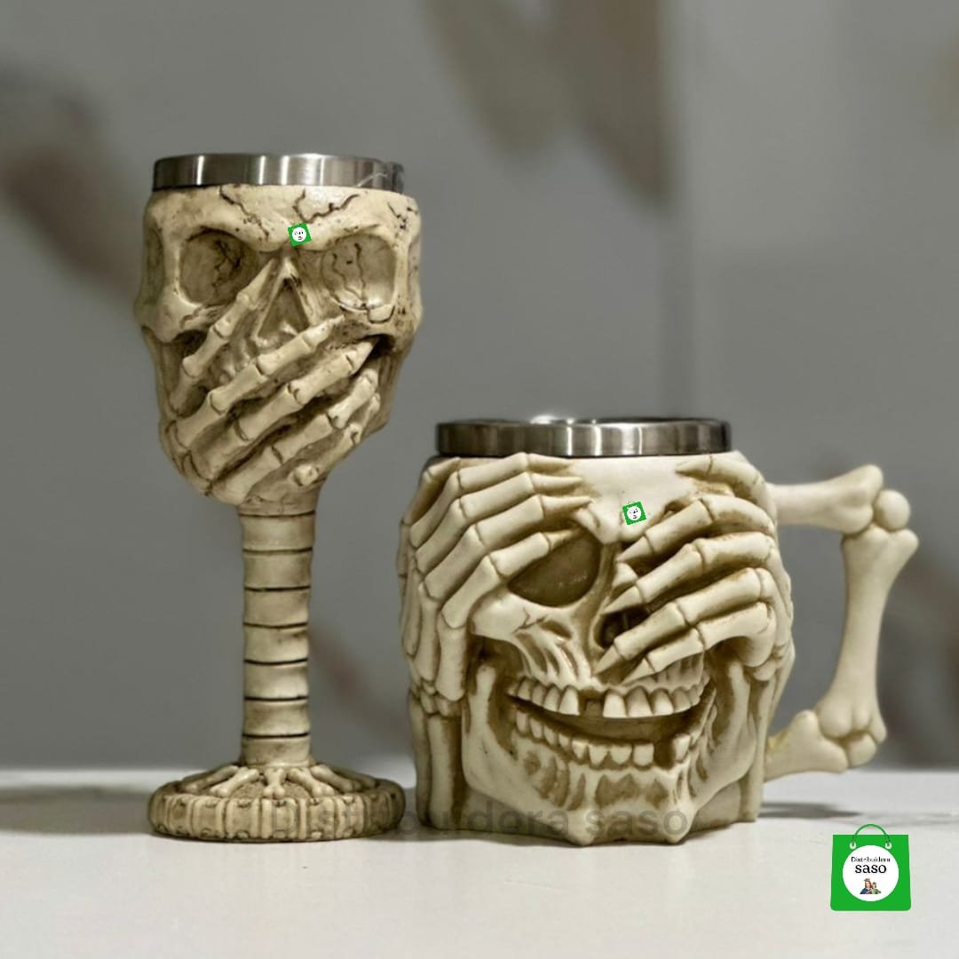 💀 Combo Calavera 2 en 1 ✨ Vaso Cervecero + Copa de Vino Metálicos Gothic | Kit Ideal para Fiestas, Bares y Regalo Único 🖤🍺🍷