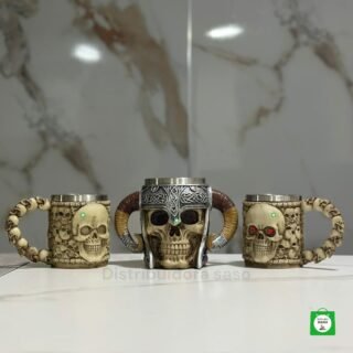 combo de calavera jarra de calavera mas 2 vasos metalicas de cerveza con diseño de calavera