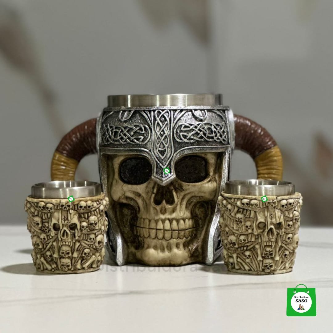 vaso jarra de calavera mas 2 copas shot con estilo de calavera