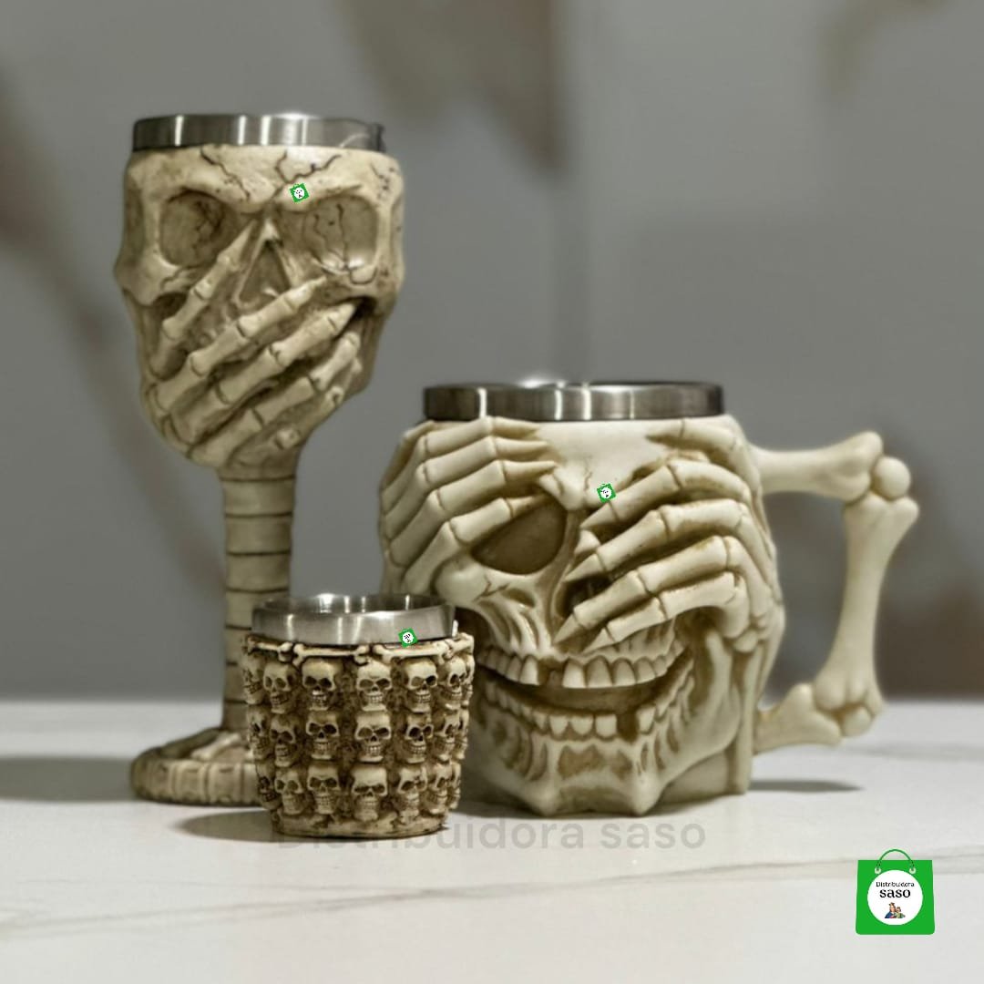 vaso cervecero metalico con estilo de calavera mas copa metalica de vino con estilo de calavera mas copa shot con estilo de calavera