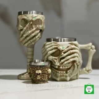 vaso cervecero metalico con estilo de calavera mas copa metalica de vino con estilo de calavera mas copa shot  con estilo de calavera