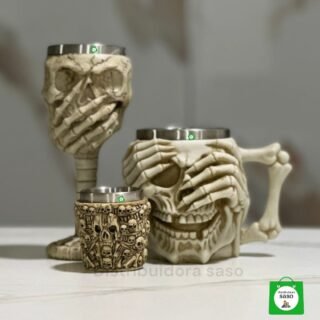 vaso cervecero metalico con estilo de calavera mas copa metalica de vino con estilo de calavera mas copa shot  con estilo de calavera