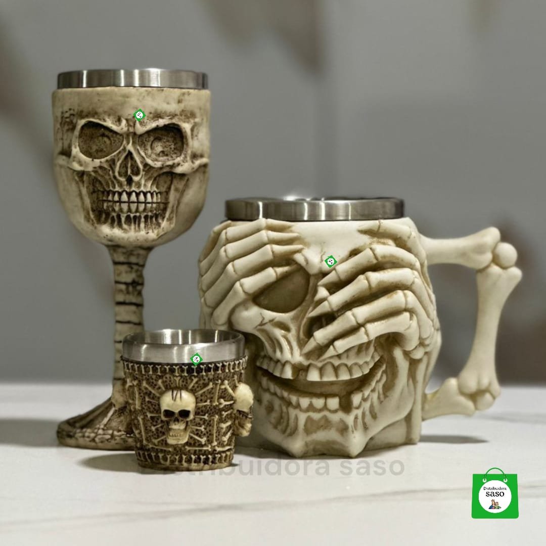 vaso cervecero metalico con estilo de calavera mas copa metalica de vino con estilo de calavera mas copa shot con estilo de calavera