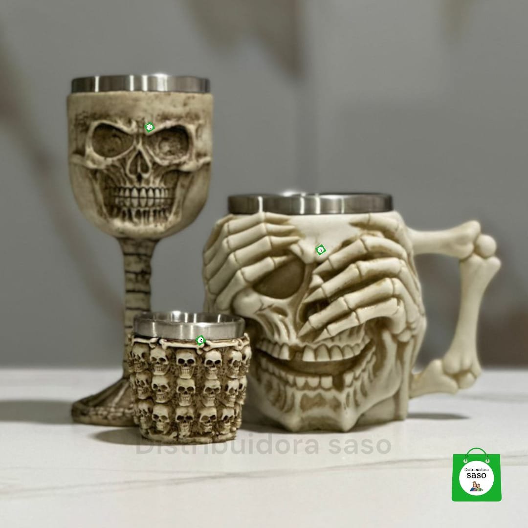 vaso cervecero metalico con estilo de calavera mas copa metalica de vino con estilo de calavera mas copa shot con estilo de calavera