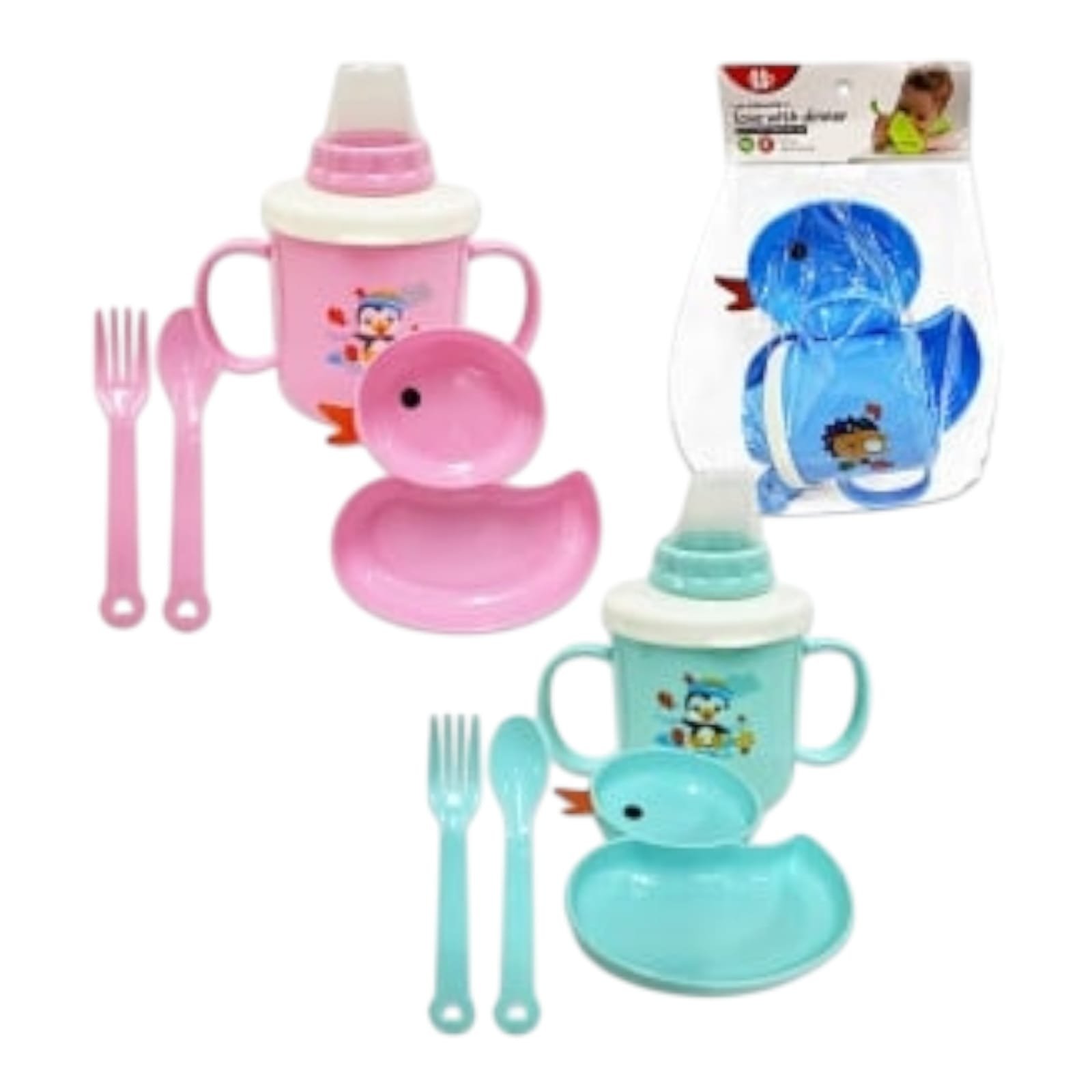 vajilla de plastico para niños con tetero con diseño de pato