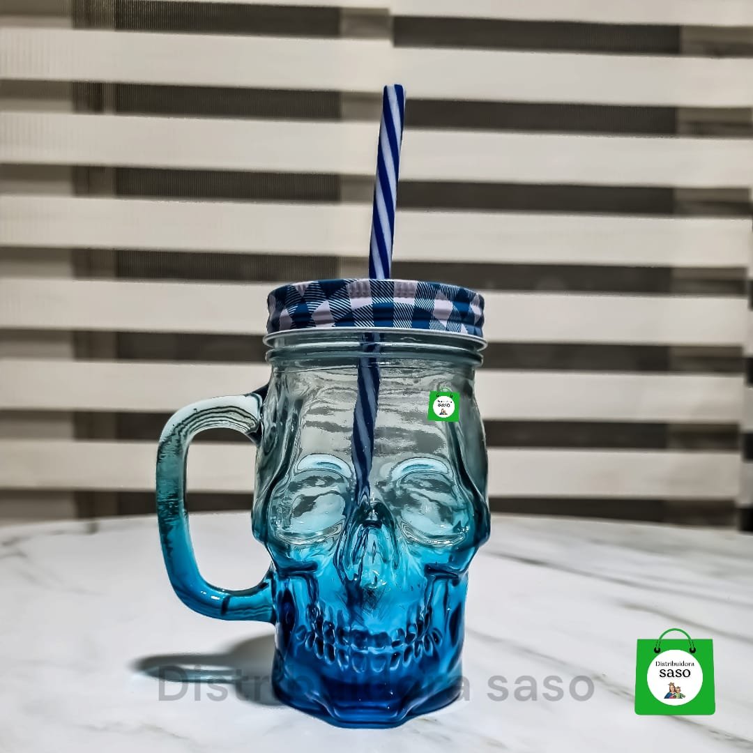 vaso pitillo de cristal con estilo de calavera color azul