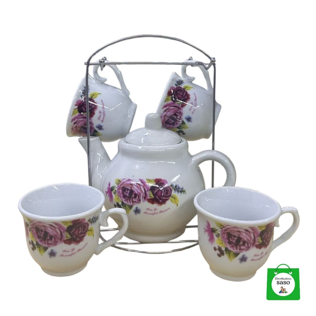 juego de tetera ceramica blanca con pocillos