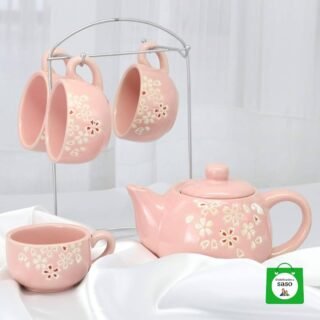 juego de tetera ceramica rosada con pocillos