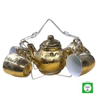 juego de tetera ceramica dorada con pocillos