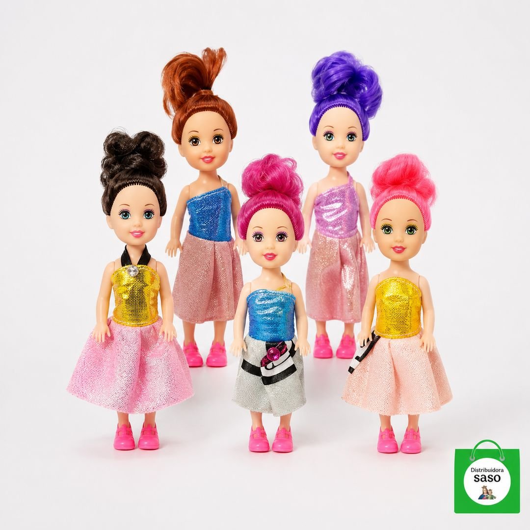 🎀👗 Set x5 Mini Muñecas con Pelo para Peinar y Ropa Removible — 5 Amigas Listas para Vestir y Estilizar
