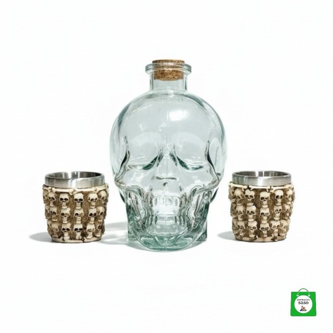 💀 Licorera Calavera Transparente 750ml + 2 Copas Calavera — Diseño Audaz para Quienes Celebran con Personalidad
