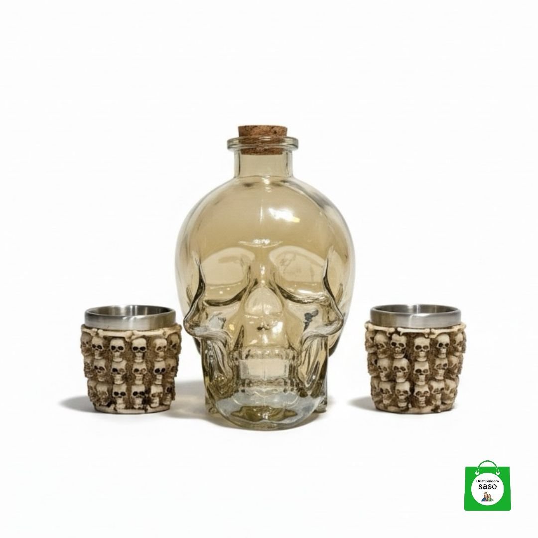 💀 Licorera Calavera Dorada 750ml + 2 Copas Calavera — Celebra con Estilo Dorado en los Momentos que Importan