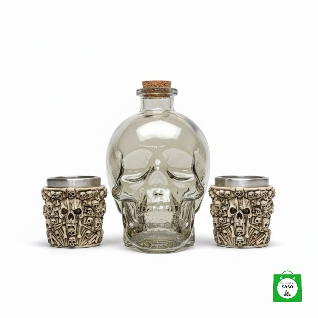 💀 Licorera Calavera Dorada 750ml + 2 Copas Calavera — Elegancia Oscura con Acabado Dorado Inigualable