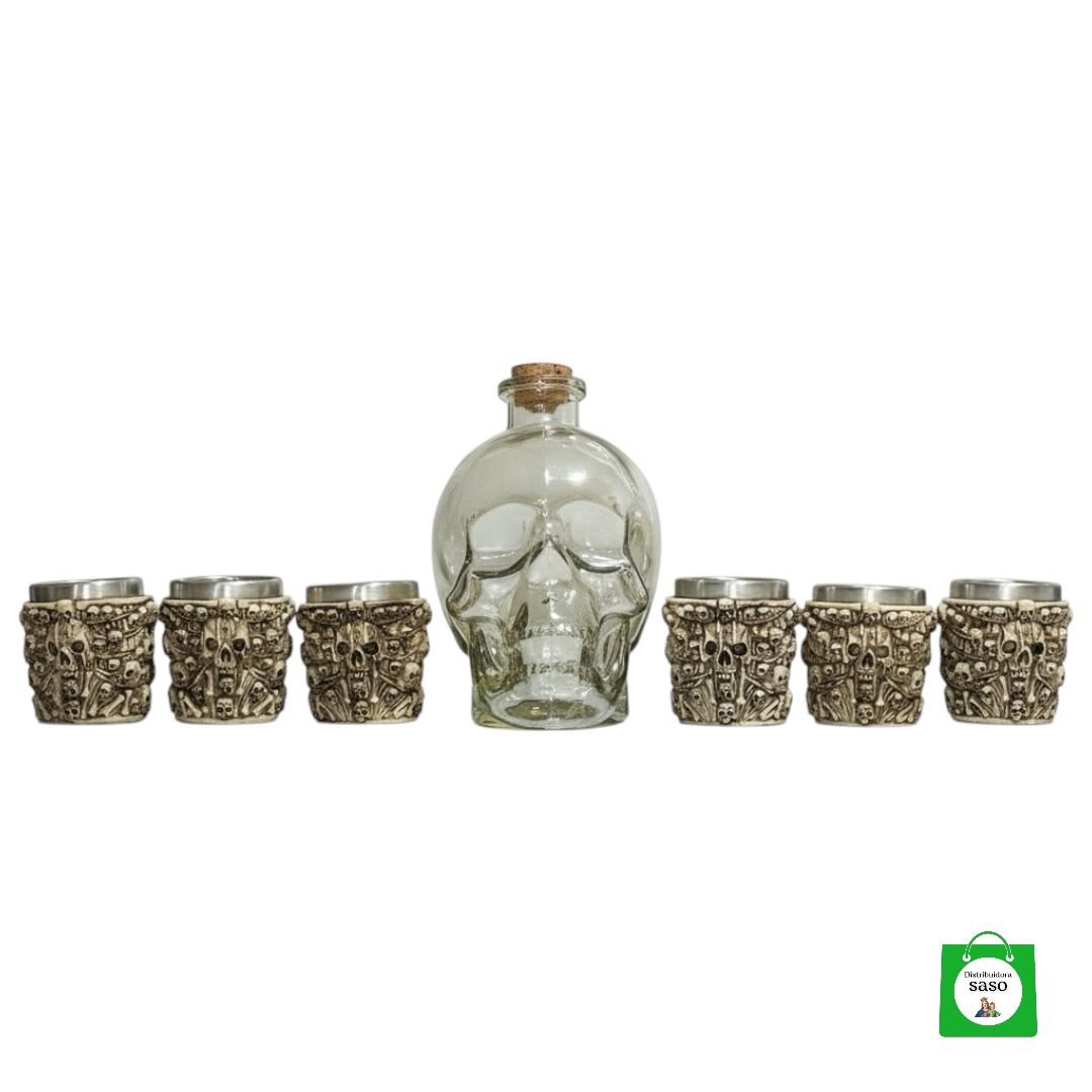 💀 Licorera Calavera Dorada 750ml + 6 Copas Calavera — Derroche de Estilo Dorado para Celebrar en Grande