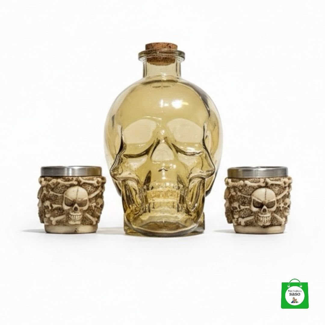 💀 Licorera Calavera Dorada 750ml + 2 Copas Calavera — Brillo y Distinción en Cada Brindis Especial