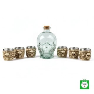 💀 Licorera Calavera Transparente 750ml + 6 Copas Calavera — Kit Gótico Completo para Grupos con Estilo