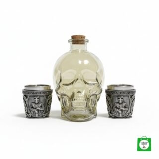 💀 Licorera Calavera Dorada 750ml + 2 Copas Caballero Medieval — Lujo Medieval para Brindar con Honor