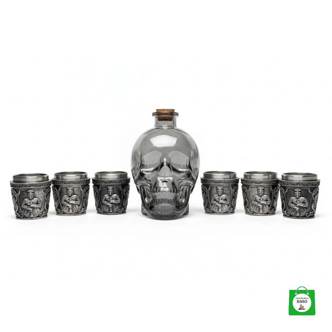 💀 Licorera Calavera Negra 750ml + 6 Copas Caballero Medieval — Set Legendario para Noches Épicas