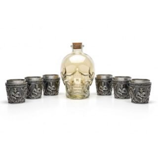 💀 Licorera Calavera Dorada 750ml + 6 Copas Caballero Medieval — Set Real para Celebraciones Históricas