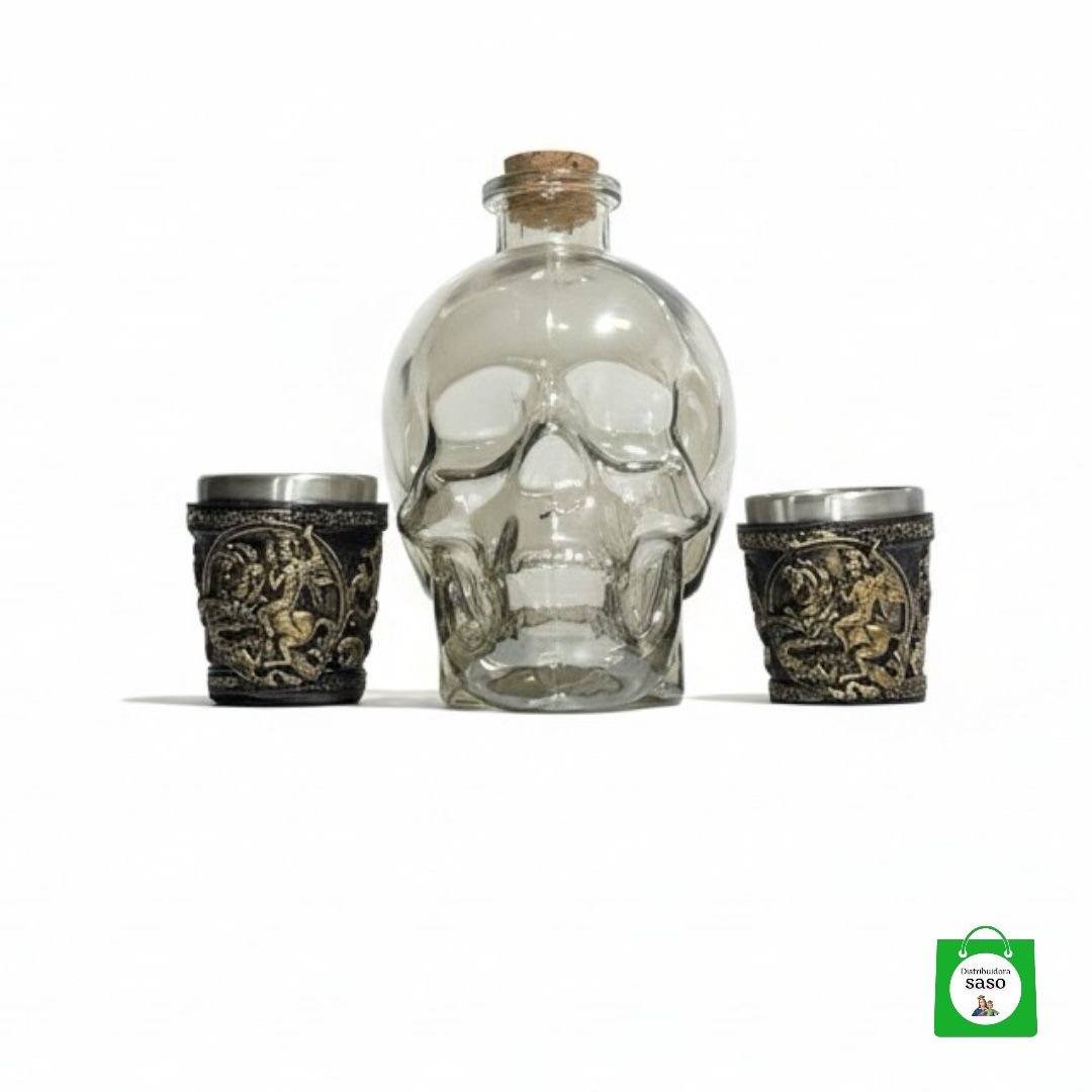 💀 Licorera Calavera Dorada 750ml + 2 Copas Caballo — Elegancia Dorada para Brindar a lo Grande