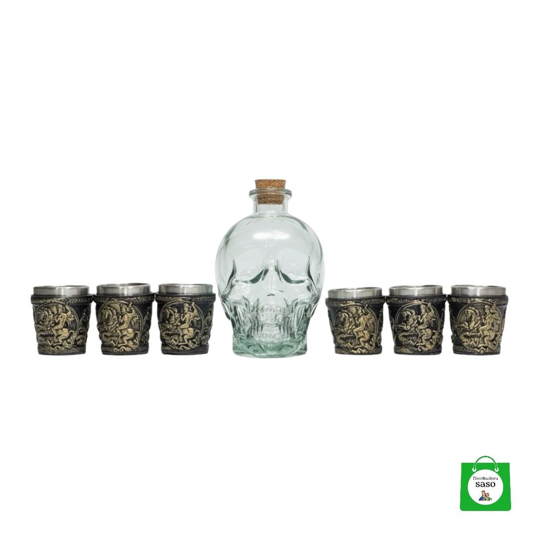 💀 Licorera Calavera Transparente 750ml + 6 Copas Caballo — Kit Completo para Noches Salvajes e Inolvidables