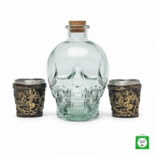 💀 Licorera Calavera Transparente 750ml + 2 Copas Caballo — Set Especial para Compartir en Ocasiones Únicas