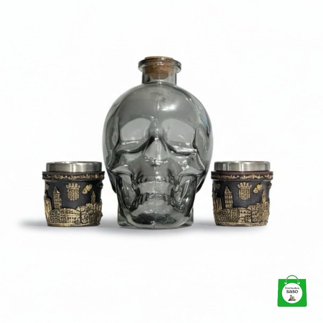 💀 Licorera Calavera Negra 750ml + 2 Copas Caballero — Combo Exclusivo para los que Celebran con Clase