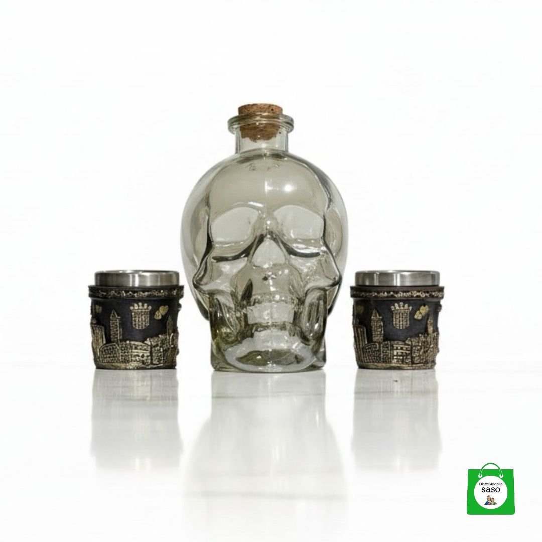 💀 Licorera Calavera Dorada 750ml + 2 Copas Caballero — Lujo y Actitud para Brindar en Grande