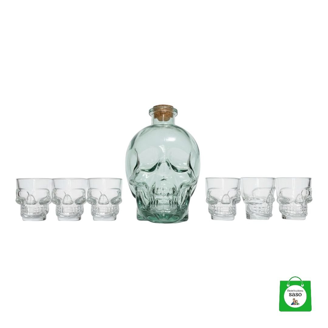 💀 Licorera Calavera 750ml Transparente + Copas Transparentes — Set Minimalista con Diseño Impactante