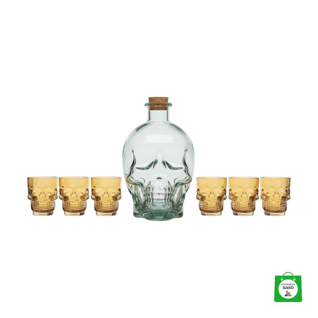💀 Licorera Calavera 750ml Transparente + Copas Doradas — Lujo Oscuro para Celebraciones Memorables