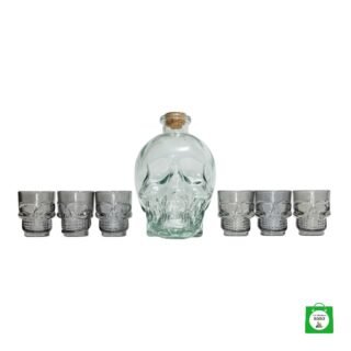 💀 Licorera Calavera 750ml Transparente + Copas Negras — Contraste Elegante para Brindis con Actitud