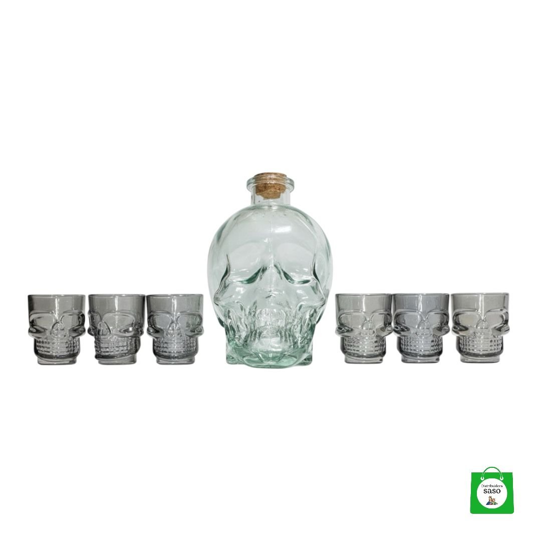 💀 Licorera Calavera 750ml Transparente + Copas Negras — Contraste Elegante para Brindis con Actitud