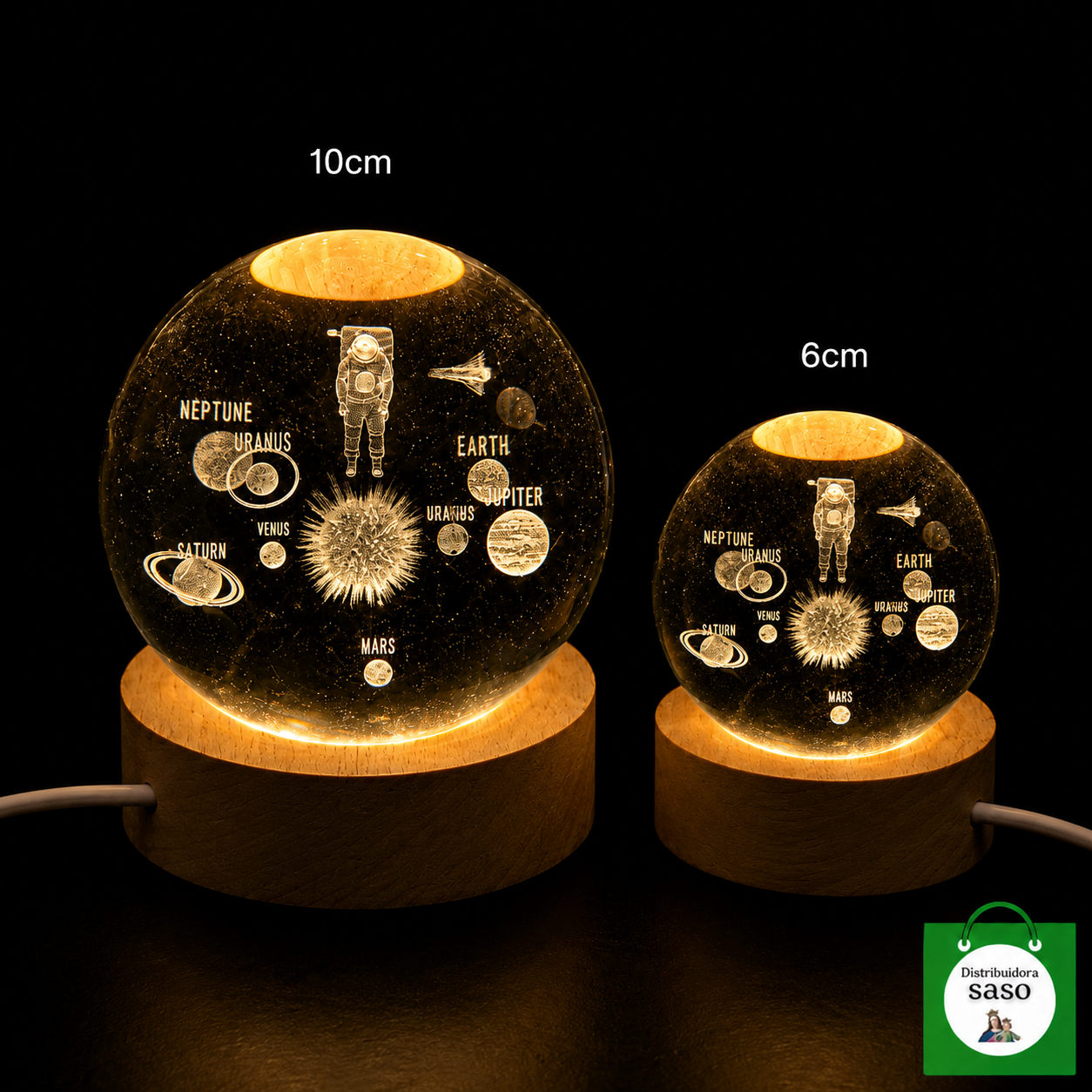 Juego x2 Esferas de Luz Astronauta y Planetas de 6 y 10 cm – Decoración Espacial