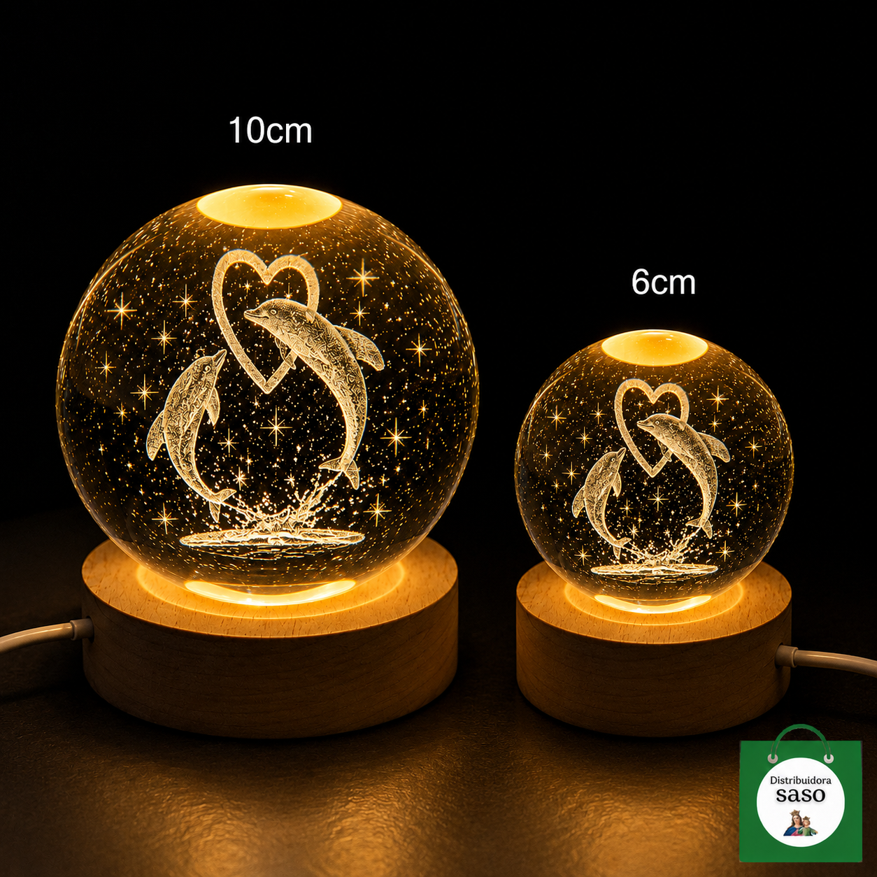 Juego x2 Esferas de Luz Delfín y Corazón de 6 y 10 cm – Decoración Romántica
