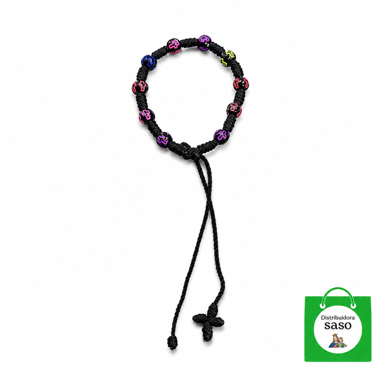 Denario de Bola Negra con Cruz de Colores – Rosario de Mano Religioso